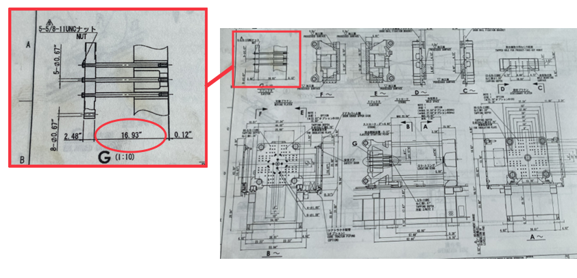 from face of butterfly plate to face of moving platen at machine 'zero' position. (Check your molding machine documentation).